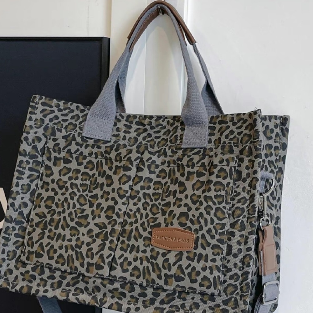 Fashion Bags Leopard Print Tote with Gray Handles